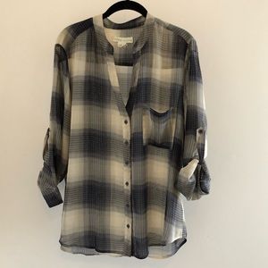 Sheer Plaid Button-Down Top